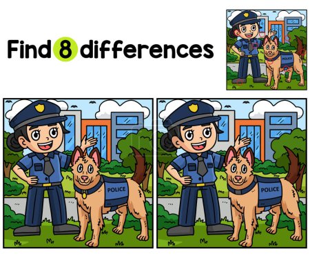 Finden oder finden Sie die Unterschiede auf dieser Aktivitätsseite für Polizeibeamte und Polizeihunde. Ein lustiges und lehrreiches Puzzlespiel für Kinder.