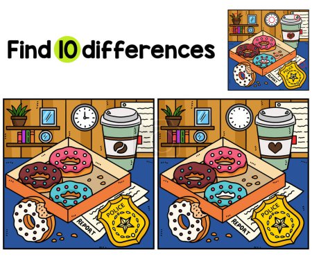Illustration for Find or spot the differences on this Police Badge, Donuts, Coffee Kids activity page. A funny and educational puzzle-matching game for children. - Royalty Free Image