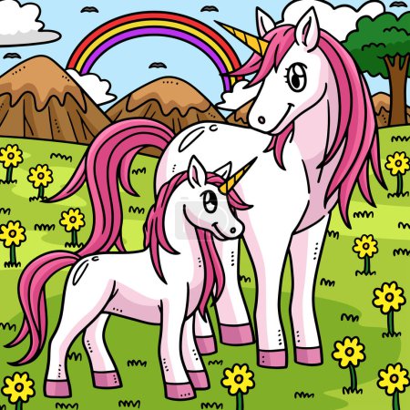 Illustration for This cartoon clipart shows a Mother Unicorn and a Baby unicorn illustration. - Royalty Free Image