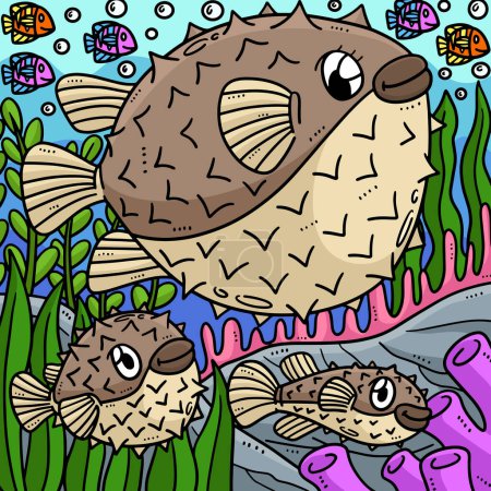 Illustration for This cartoon clipart shows a Mother Pufferfish and a Baby Pufferfish illustration. - Royalty Free Image