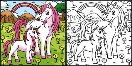 Illustration for This coloring page shows a Mother Unicorn and Baby Unicorn. One side of this illustration is colored and serves as an inspiration for children. - Royalty Free Image