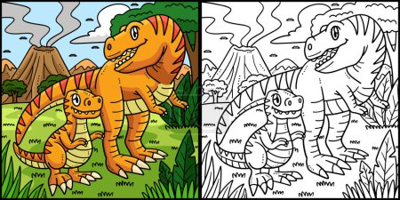 Illustration for This coloring page shows a Mother T-Rex and Baby T-Rex. One side of this illustration is colored and serves as an inspiration for children. - Royalty Free Image