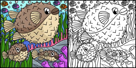 Diese Malseite zeigt eine Kugelfischmutter und ein Kugelfischbaby. Eine Seite dieser Illustration ist farbig und dient Kindern als Inspiration.