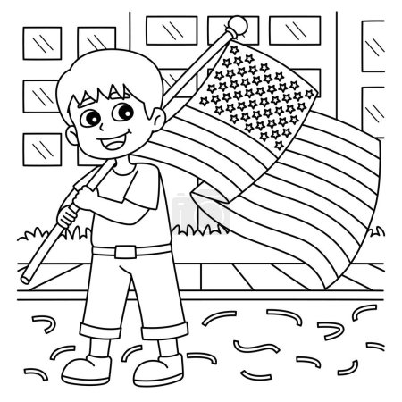 Illustration for A cute and funny coloring page of a 4th of July Boy Holding an American Flag. Provides hours of coloring fun for children. Color, this page is very easy. Suitable for little kids and toddlers. - Royalty Free Image