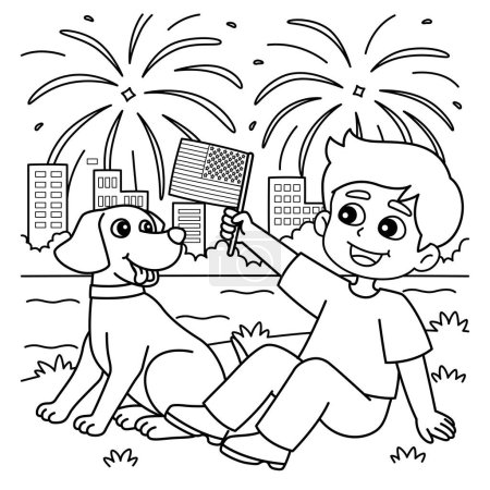 Ilustración de Una página para colorear lindo y divertido de un 4 de julio Boy and Dog viendo fuegos artificiales. Proporciona horas de diversión para colorear para los niños. Color, esta página es muy fácil. Apto para niños pequeños y niños pequeños. - Imagen libre de derechos