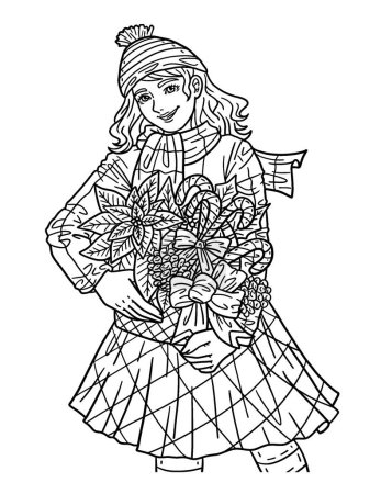 Illustration for A cute and beautiful coloring page of a Christmas Girl carrying a basket of poinsettias and candy canes. Provides hours of coloring fun for adults. - Royalty Free Image