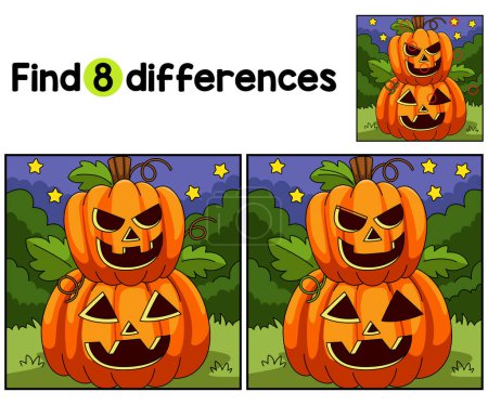 Illustration for Find or spot the differences on this Halloween 2 Tiers Pumpkin kids activity page. A funny and educational puzzle-matching game for children. - Royalty Free Image