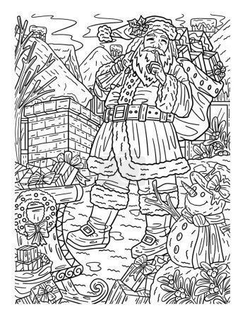 Illustration for A cute and beautiful coloring page of a Christmas Santa Beside Chimney. Provides hours of coloring fun for adults. - Royalty Free Image