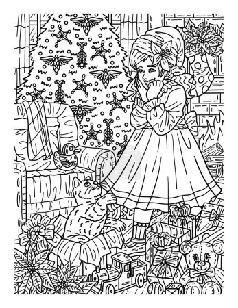 Illustration for A cute and beautiful coloring page of a Girls surprise with a Christmas Gift. Provides hours of coloring fun for adults. - Royalty Free Image