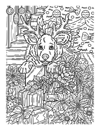 Illustration for A cute and beautiful coloring page of a Puppy as a Christmas Present. Provides hours of coloring fun for adults. - Royalty Free Image