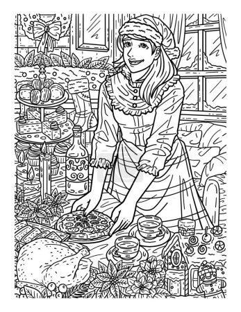 Illustration for A cute and beautiful coloring page of a Christmas Mom Preparing Dinner. Provides hours of coloring fun for adults. - Royalty Free Image