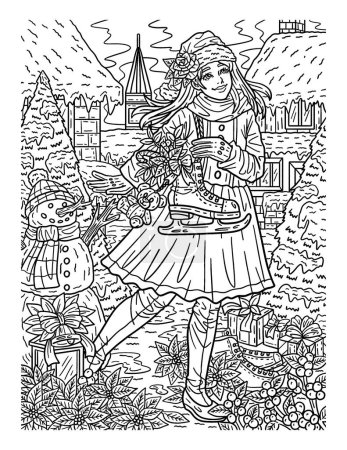Ilustración de Una linda y hermosa página para colorear de una mujer de Navidad con patines de hielo. Proporciona horas de diversión para colorear para adultos. - Imagen libre de derechos