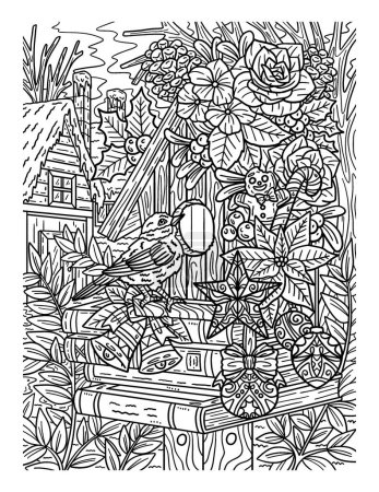 Illustration for A cute and beautiful coloring page of a Christmas Bird House. Provides hours of coloring fun for adults. - Royalty Free Image
