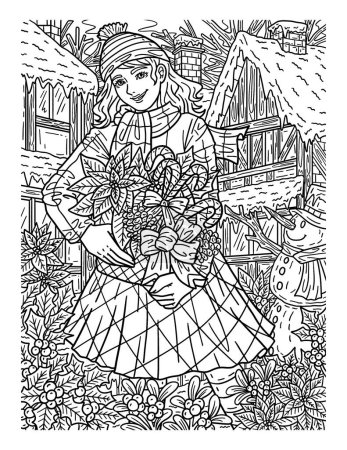 Une jolie page à colorier d'une fille de Noël portant un panier de poinsettias et de cannes à bonbons. Fournit des heures de plaisir de coloration pour les adultes.