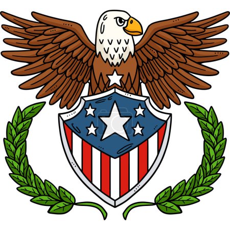 Téléchargez les illustrations : Ce clipart de bande dessinée montre un drapeau américain et un insigne d'aigle avec une illustration de couronne de laurier. - en licence libre de droit
