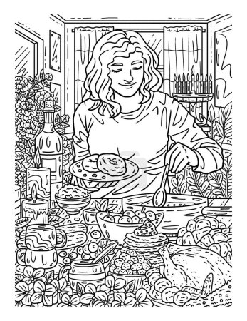 A cute and beautiful coloring page of a Hanukkah Woman Preparing Sufganiyots. Provides hours of coloring fun for adults.
