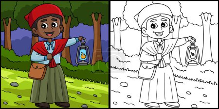 Illustration for This coloring page shows Harriet Tubman of Juneteenth. One side of this illustration is colored and serves as an inspiration for children. - Royalty Free Image