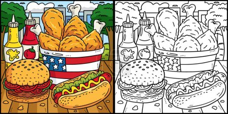 Cette page à colorier montre les aliments traditionnels. Un côté de cette illustration est coloré et sert d'inspiration pour les enfants.