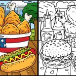This coloring page shows Traditional Food. One side of this illustration is colored and serves as an inspiration for children.