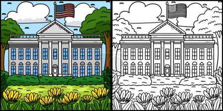 Téléchargez les illustrations : Cette page à colorier montre la Maison Blanche. Un côté de cette illustration est coloré et sert d'inspiration pour les enfants. - en licence libre de droit