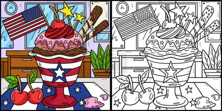 Téléchargez les illustrations : Cette page à colorier montre un parfait de crème glacée avec drapeau. Un côté de cette illustration est coloré et sert d'inspiration pour les enfants. - en licence libre de droit