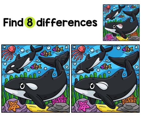 Ilustración de Encuentra o detecta las diferencias en esta página de actividades de Killer Whale Kids. Un divertido y educativo juego de puzzle a juego para los niños. - Imagen libre de derechos