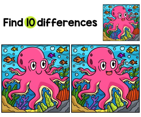 Illustration for Find or spot the differences on this Octopus Kids activity page. A funny and educational puzzle-matching game for children. - Royalty Free Image