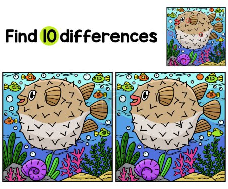 Illustration for Find or spot the differences on this Pufferfish Kids activity page. A funny and educational puzzle-matching game for children. - Royalty Free Image