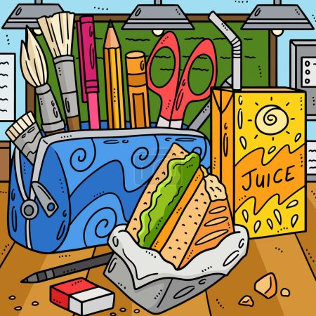 Illustration for This cartoon clipart shows a Pencil Case and Snack illustration. - Royalty Free Image