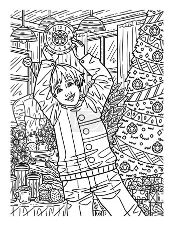 Illustration for A cute and beautiful coloring page of a Child holding a clock overhead. Provides hours of coloring fun for adults. - Royalty Free Image