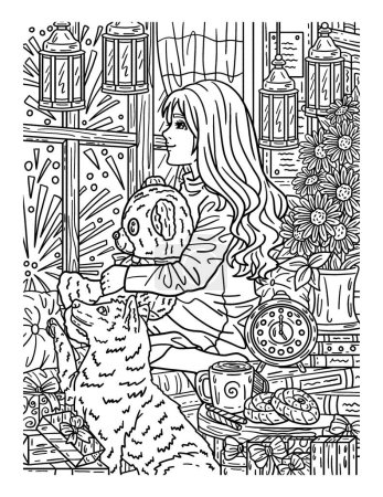 Illustration for A cute and beautiful coloring page of a Girl watching from the window. Provides hours of coloring fun for adults. - Royalty Free Image