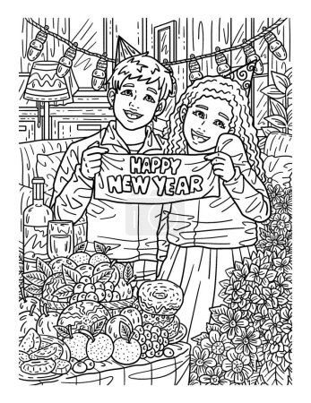 Illustration for A cute and beautiful coloring page of a Children Holding New Year Banner. Provides hours of coloring fun for adults. - Royalty Free Image