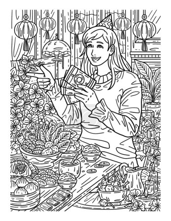 Illustration for A cute and beautiful coloring page of a Woman with fortune envelopes. Provides hours of coloring fun for adults. - Royalty Free Image
