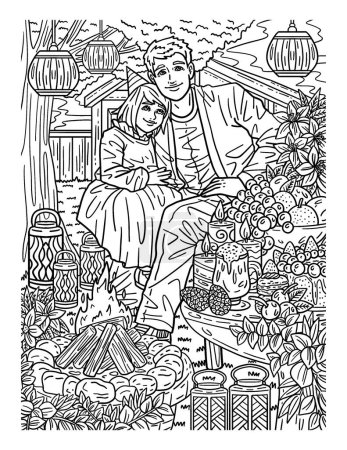 Photo for A cute and beautiful coloring page of a Parent and child over the bonfire. Provides hours of coloring fun for adults. - Royalty Free Image