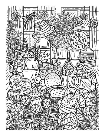 Illustration for A cute and beautiful New Year Feast coloring page. Provides hours of coloring fun for adults. - Royalty Free Image