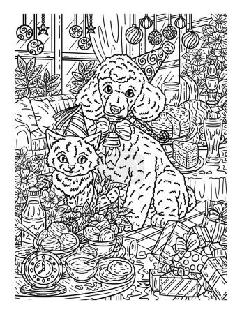 Ilustración de Una linda y hermosa página para colorear de un gato y un perro con sombreros de fiesta. Proporciona horas de diversión para colorear para adultos. - Imagen libre de derechos