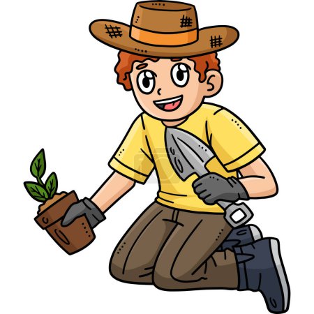 Illustration for This cartoon clipart shows a Gardener Planting Seedlings illustration. - Royalty Free Image