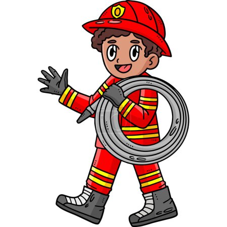 Téléchargez les illustrations : Ce clipart de dessin animé montre un pompier avec une illustration de tuyau. - en licence libre de droit