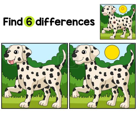 Illustration for Find or spot the differences on this Dalmatian kids activity page. A funny and educational puzzle-matching game for children. - Royalty Free Image