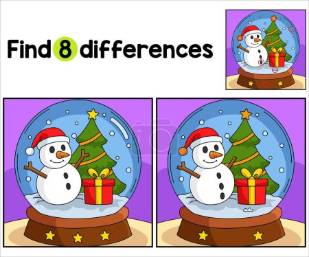 Ilustración de Encuentra o detecta las diferencias en esta página de actividades para niños de Christmas Snow Globe. Un divertido y educativo juego de puzzle a juego para los niños. - Imagen libre de derechos