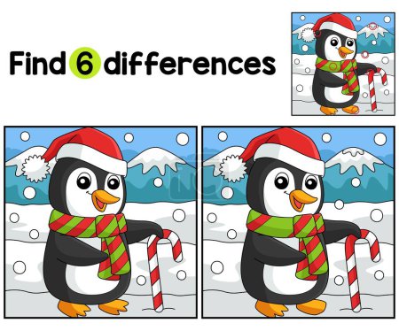 Illustration for Find or spot the differences on this Christmas Santa Penguin kids activity page. A funny and educational puzzle-matching game for children. - Royalty Free Image