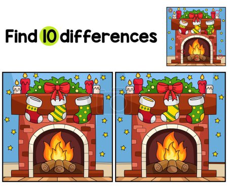 Ilustración de Encuentra o detecta las diferencias en esta Chimenea de Navidad con una página de actividades de Stocking Kids. Un divertido y educativo juego de puzzle a juego para los niños. - Imagen libre de derechos