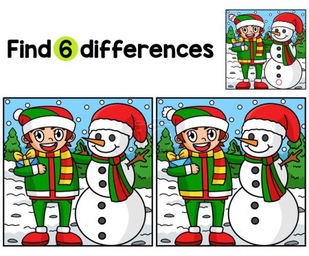 Ilustración de Encuentra o detecta las diferencias en esta página de actividades de Christmas Snowman With A Boy Kids. Un divertido y educativo juego de puzzle a juego para los niños. - Imagen libre de derechos