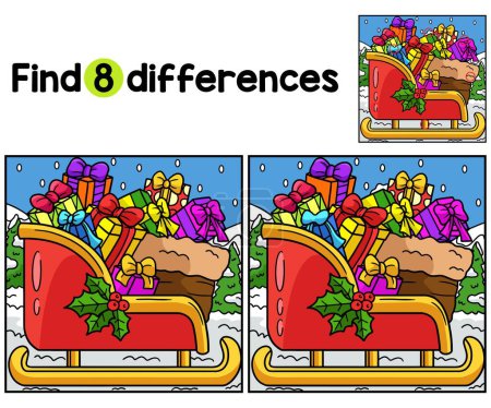Ilustración de Encuentra o detecta las diferencias en esta página de actividades de Christmas Sleigh Kids. Un divertido y educativo juego de puzzle a juego para los niños. - Imagen libre de derechos
