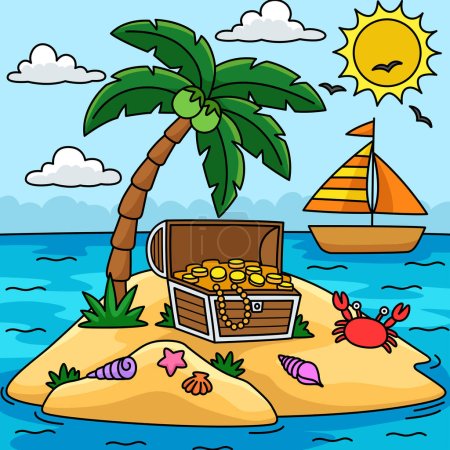 Illustration for This cartoon clipart shows an Island Summer with a treasure chest illustration. - Royalty Free Image