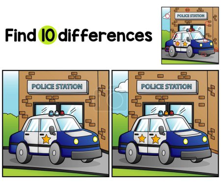 Illustration for Find or spot the differences on this Police Car Vehicle Kids activity page. A funny and educational puzzle-matching game for children. - Royalty Free Image