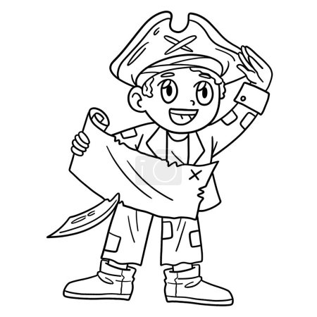 Illustration for A cute and funny coloring page of a Pirate with a Treasure Map. Provides hours of coloring fun for children. Color, this page is very easy. Suitable for little kids and toddlers. - Royalty Free Image