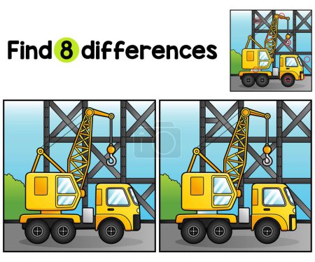 Illustration for Find or spot the differences on this Crane Cartoon Vehicle Kids activity page. A funny and educational puzzle-matching game for children. - Royalty Free Image