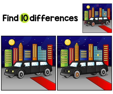 Ilustración de Encuentra o detecta las diferencias en esta página de actividades de Limo Vehicle Kids. Un divertido y educativo juego de puzzle a juego para los niños. - Imagen libre de derechos