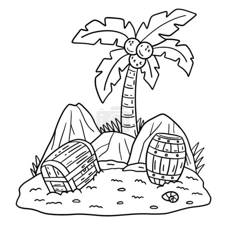 A cute and funny coloring page of an Island with Treasure Chest and Barrel. Provides hours of coloring fun for children. Color, this page is very easy. Suitable for little kids and toddlers.